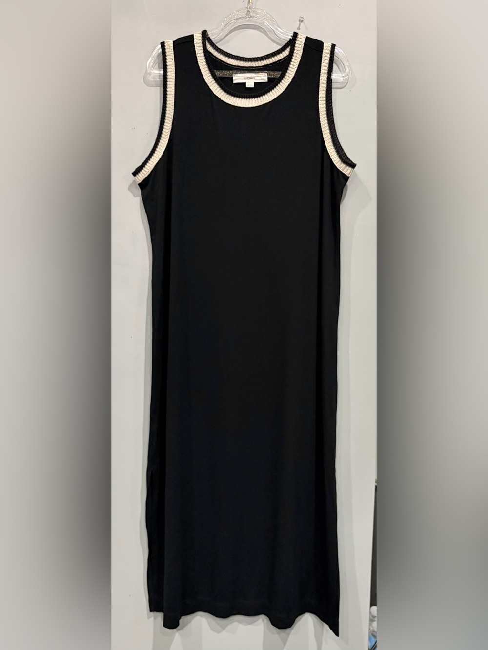 LOFT PETITES BLACK SLEEVELESS JERSEY KNIT TRIM DRESS